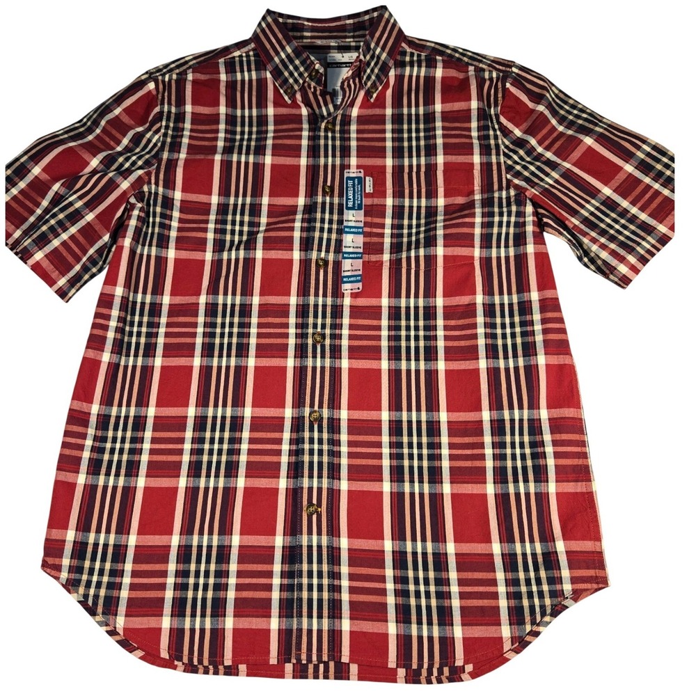 Carhartt Mens Relaxed Fit Plaid Short Sleeve Button Down Shirt Red Navy Large